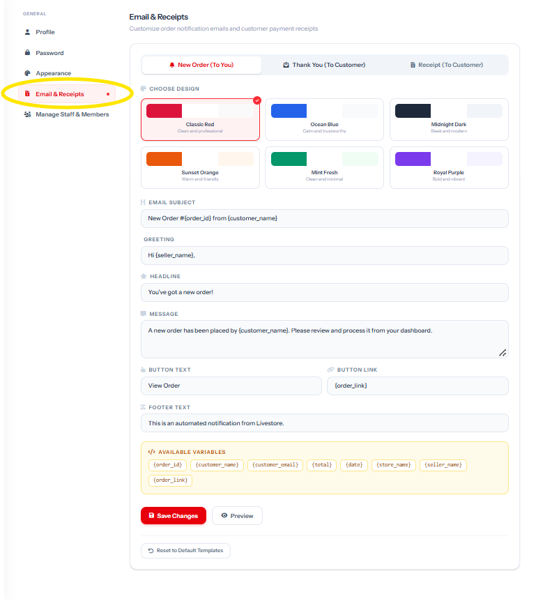 LiveStore Email Templates Settings Dashboard