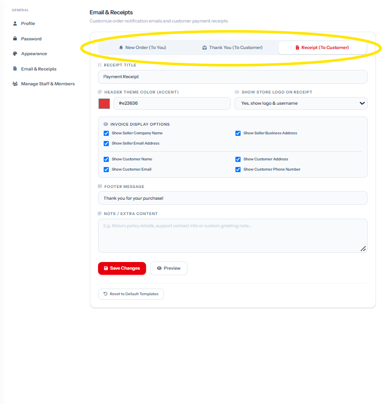 LiveStore PDF Receipt and Invoice Customization Settings Dashboard