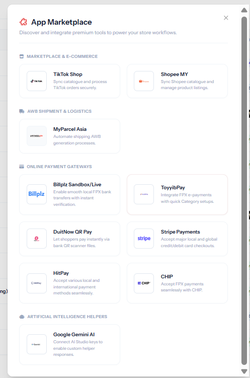 LiveStore App Marketplace modal showing TikTok Shop, Shopee MY, MyParcel Asia, ToyyibPay, Billplz, Stripe, and Google Gemini AI integrations