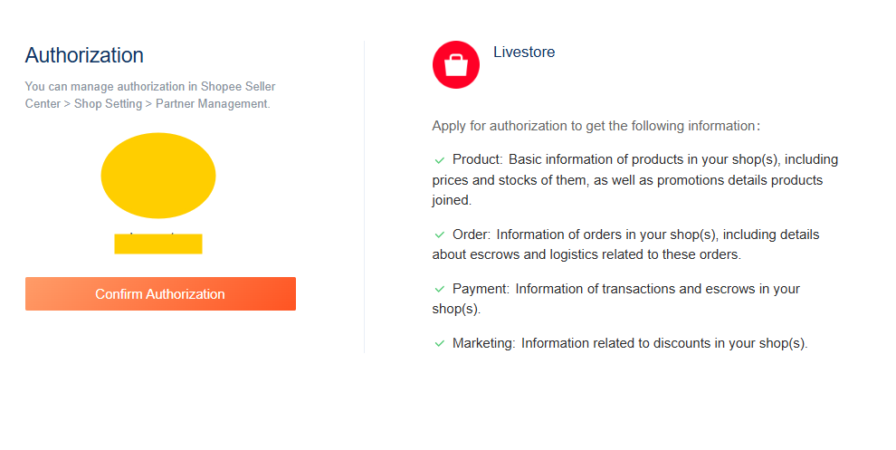 Shopee Partner Authorization screen for LiveStore integration