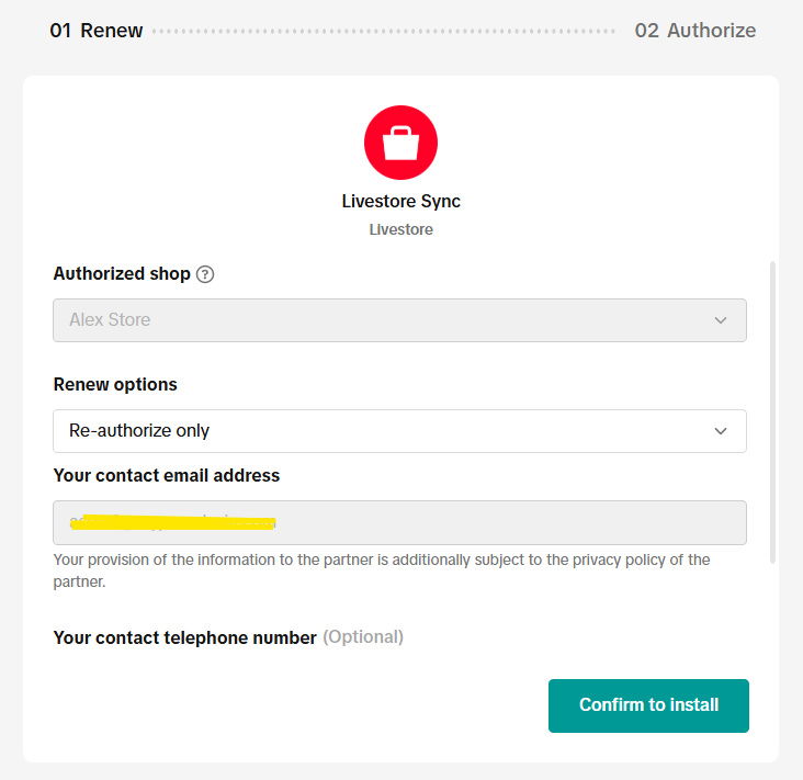 TikTok Shop partner authorization screen for LiveStore Sync installation