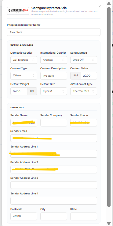 Configure MyParcel Asia settings modal showing courier rules and sender info