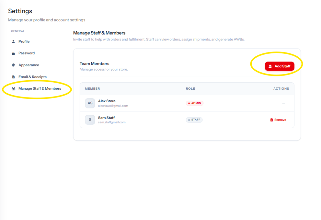 Manage Staff & Members settings screen showing the Add Staff button