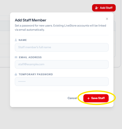 Add Staff Member modal form with name, email and password fields