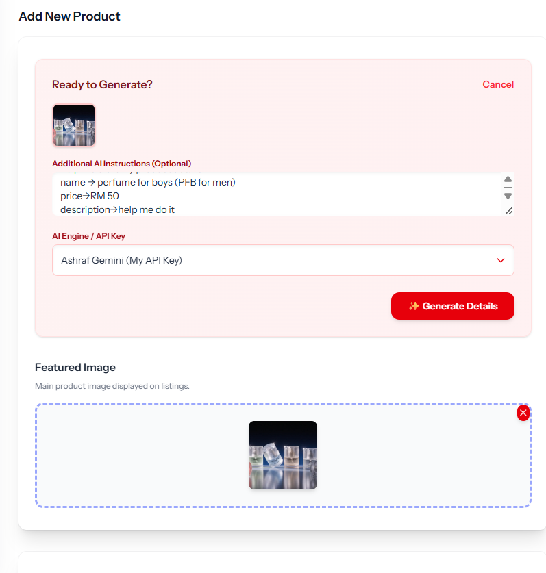 LiveStore AI input: Add Product with AI form to enter a product name and generate a description with Gemini