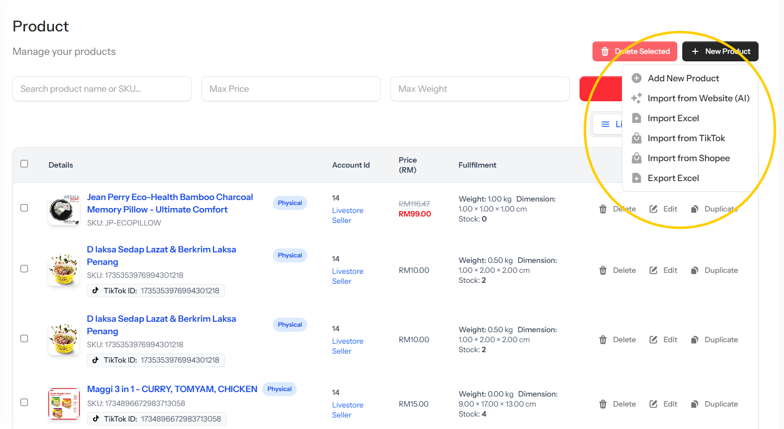 LiveStore 1-click catalog import showcase with product packages and laptop
