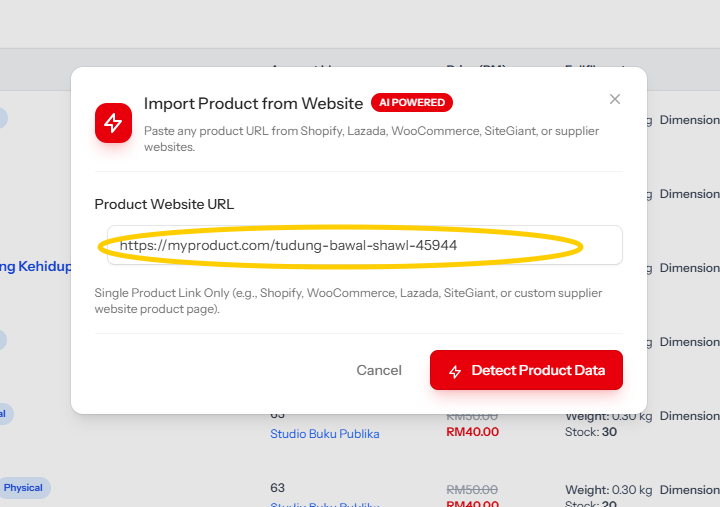 LiveStore Web Scraper input: paste a product URL to import title, price and images from a supplier website
