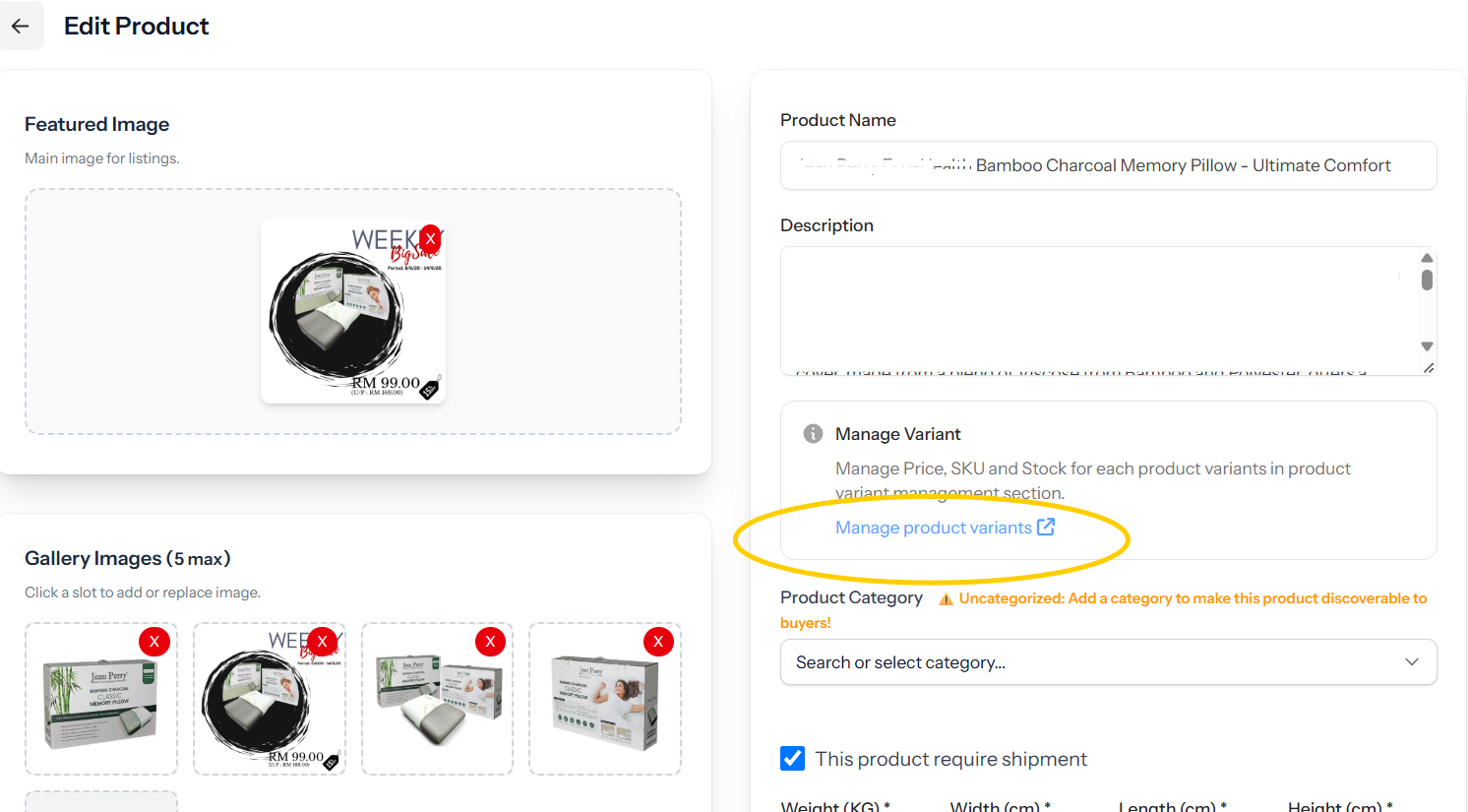 LiveStore variant manager: every size and colour runs as its own SKU line with stock, price and status
