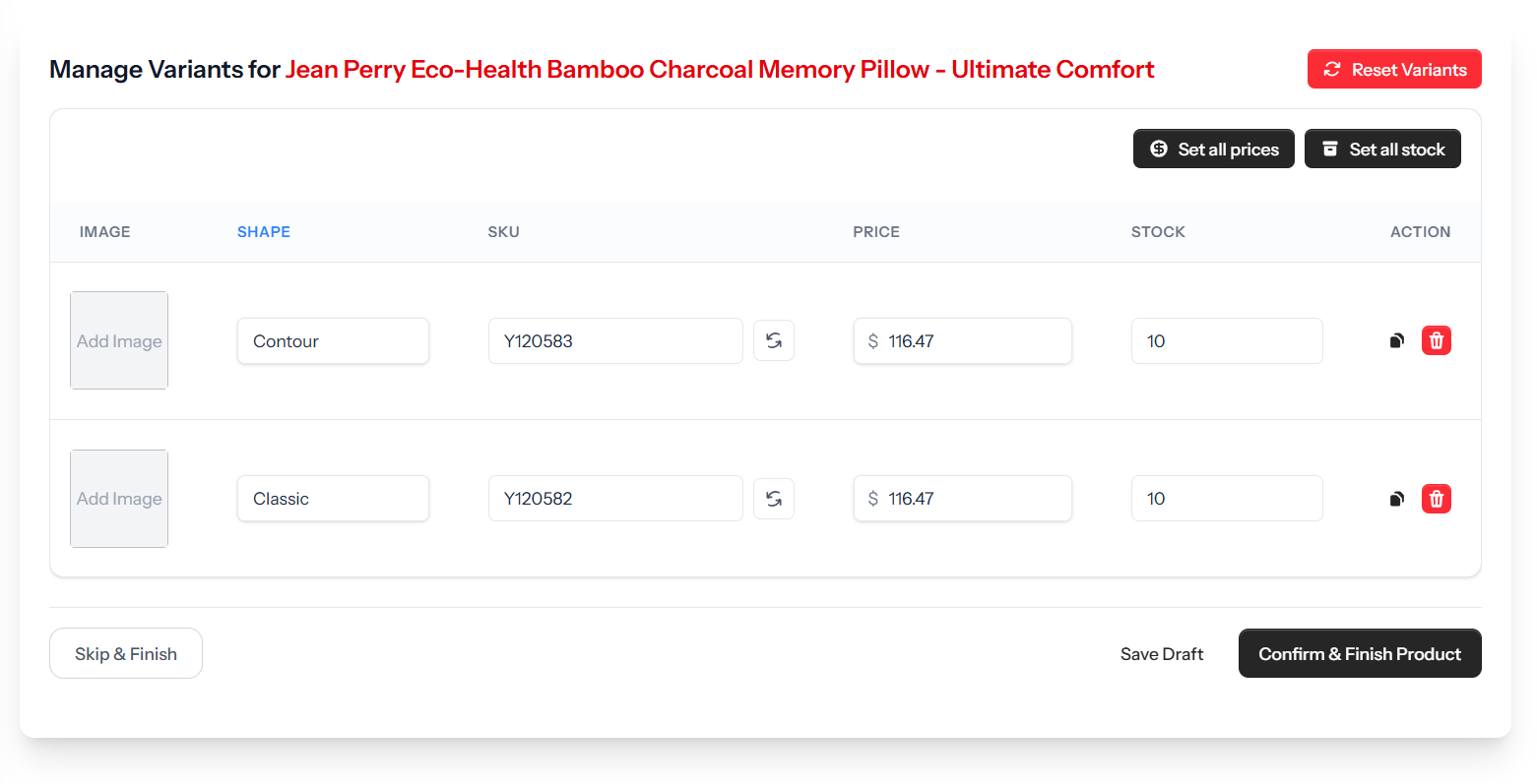 LiveStore product variant section listing the variant options available for a product