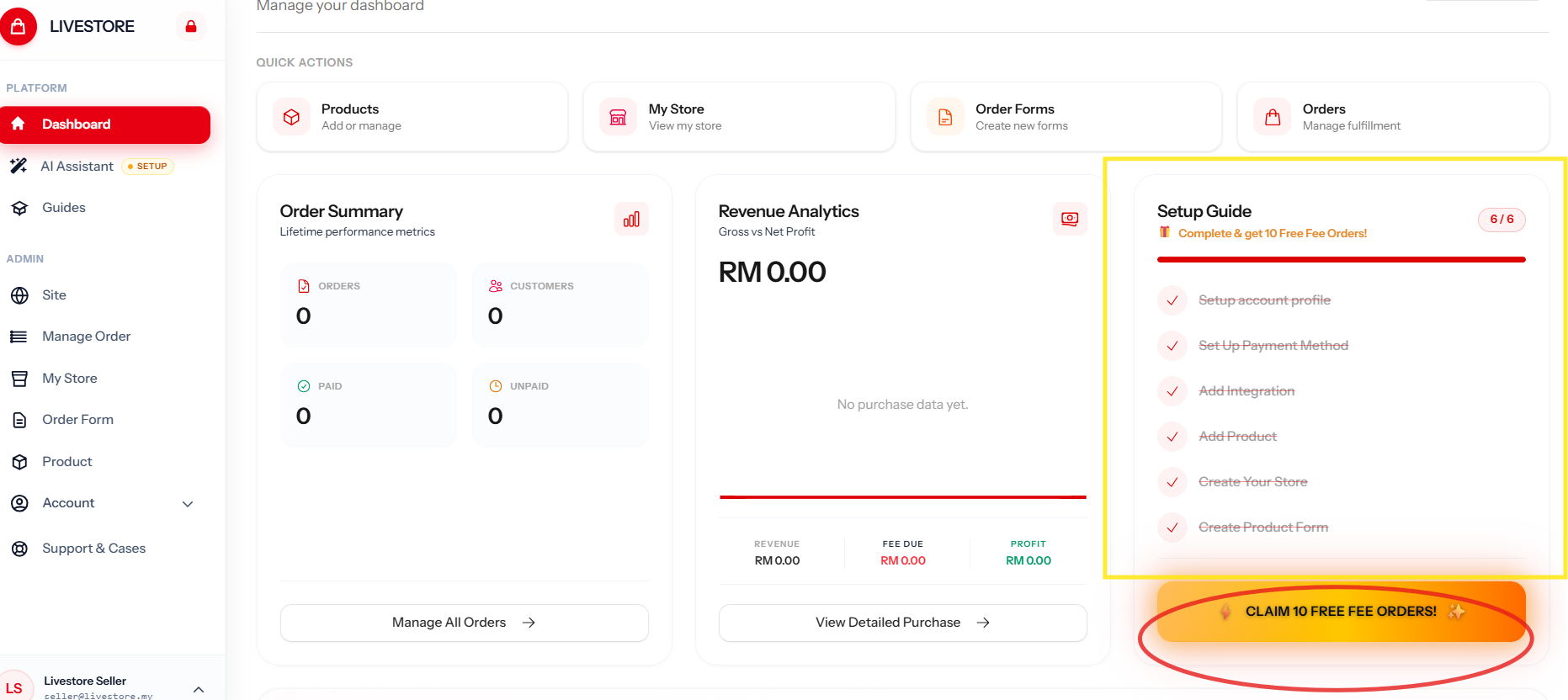 LiveStore onboarding perk screen: setup checklist waives the transaction fee on your first 10 customer purchases