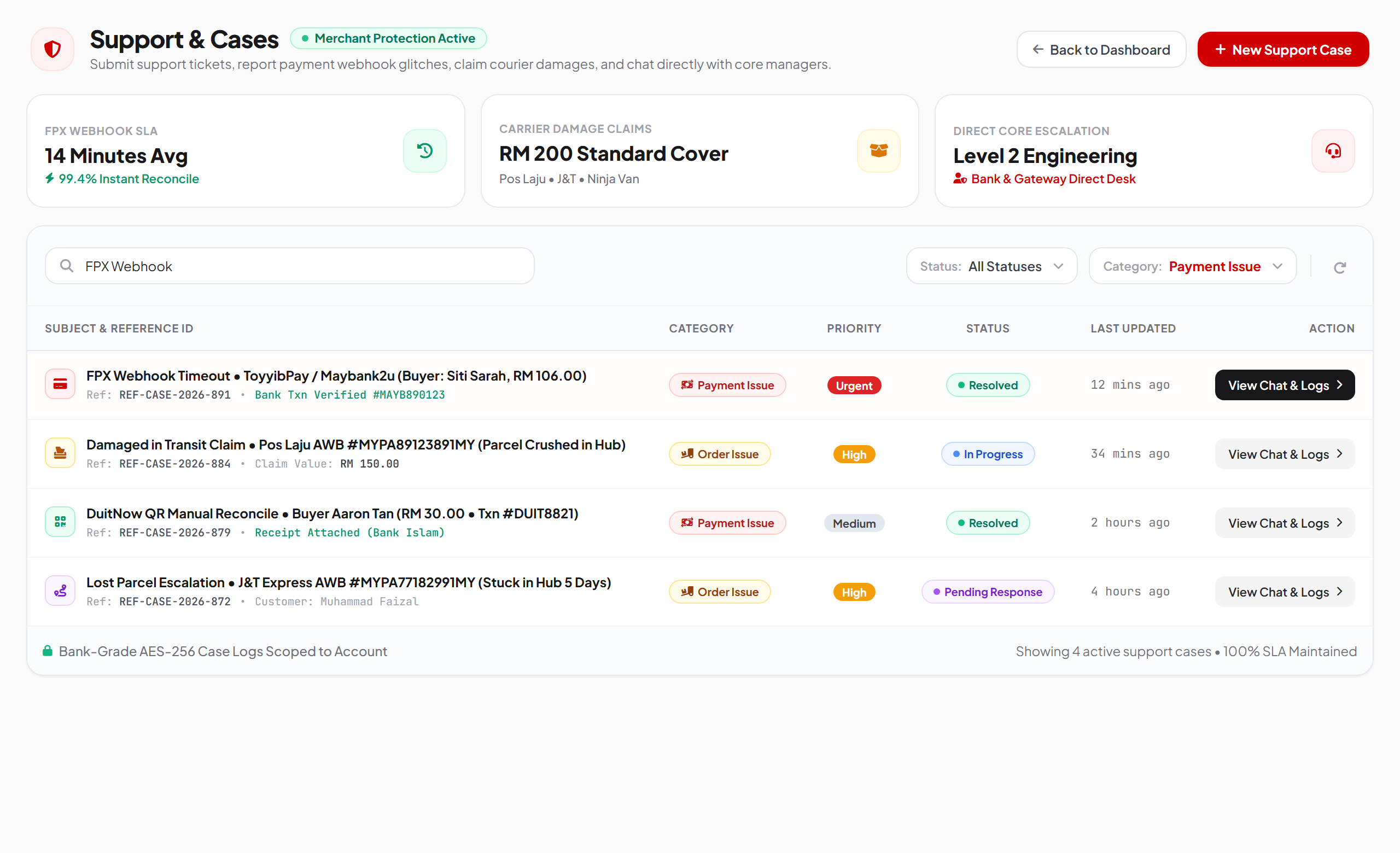 Papan pemuka LiveStore Support Cases dan Perlindungan Peniaga dengan rekonsiliasi webhook FPX dan tuntutan MyParcel Asia