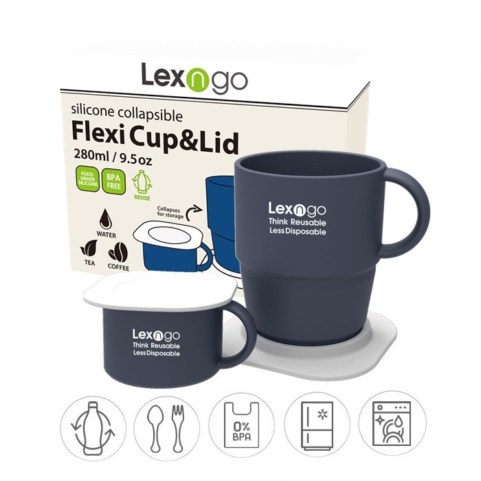 LEXNGO Silicone Collapsible Flexi Cup&Lid Heat Resistant Foldable Mug with Lid/Silikon Lipat Cawan Kopi硅胶折叠水杯咖啡杯